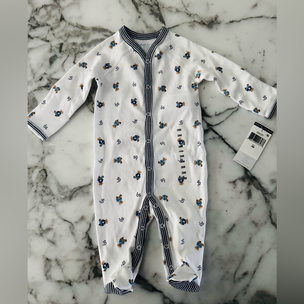Ralph Lauren Cotton Polo Bear Footed Coverall One-Piece, size 3M, New with Tags